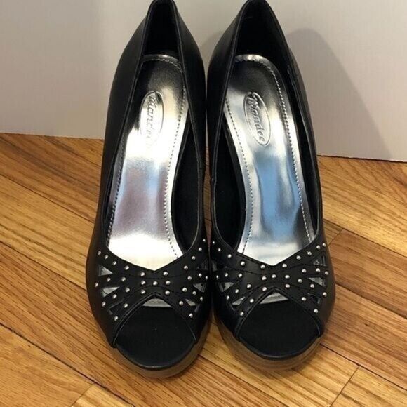 NEW black vegan leather platform peeptoe heels 5.5 Mandee cutout - Picture 2 of 12